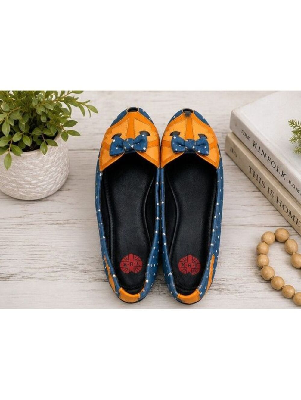T.U.K. Fox Ballet Flats Blue Polka Dot Orange Bow Retro Pin Up Shoes US8 2014
